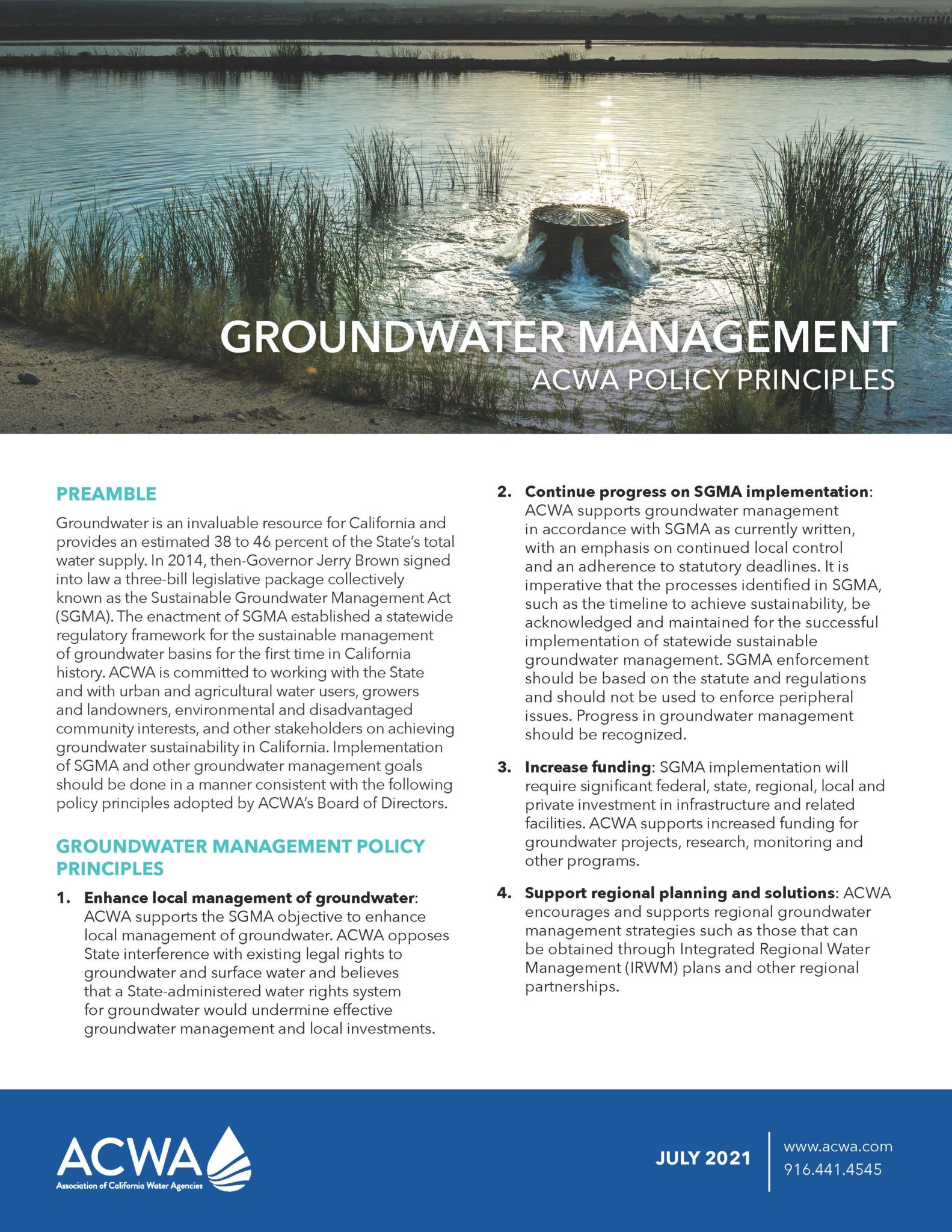 ACWA Groundwater Management Policy Principles Association of California Water Agencies